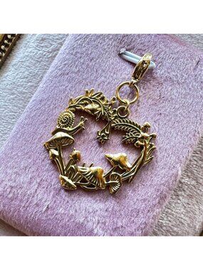 Heart-Shaped Forest Charm w/ Mushrooms & Snail Lobster Claw Clasp